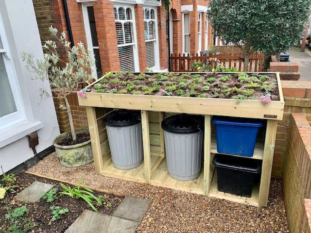 Custom made green roof garden storage for wheelie bins, recycling boxes, logs, bikes and more 