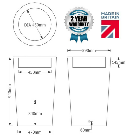 Midi Metropolitan Water Butt with Planter dimensions