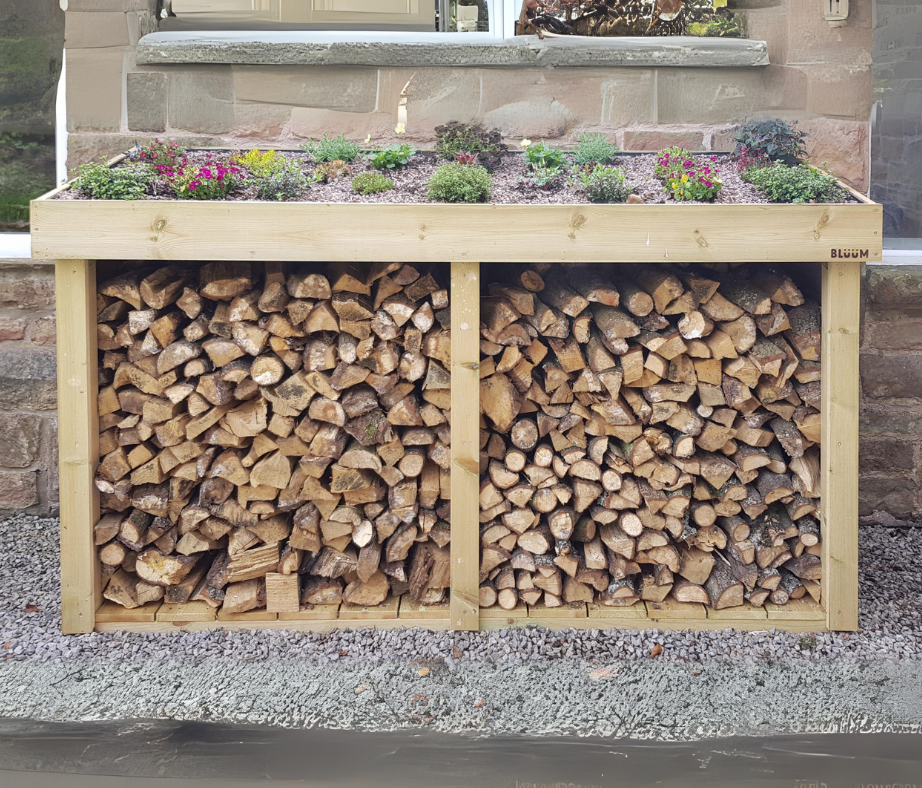 Green roof garden storage for bike, wheelie bin and log stores with a living sedum roof